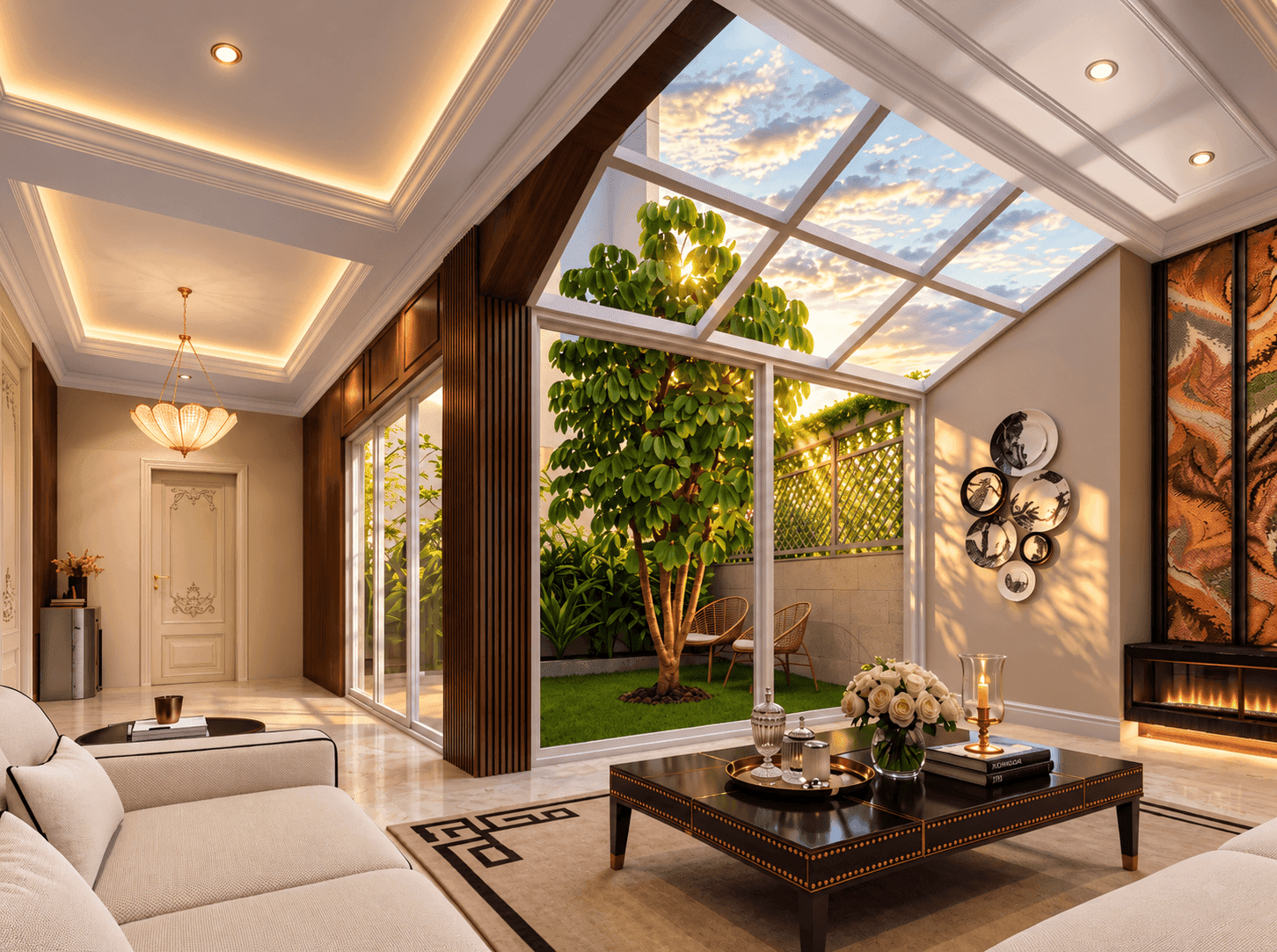 Godrej MSR City private courtyard lounge with glass skylight