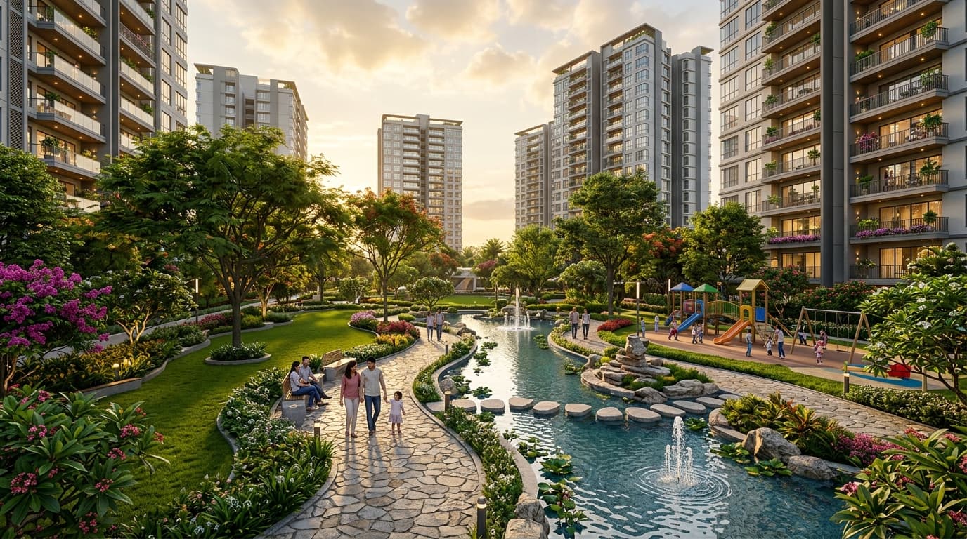 Godrej MSR City central landscaped park with walking paths and fountains