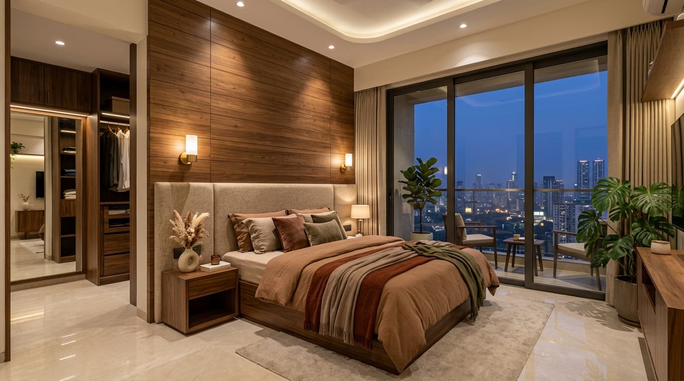 Godrej MSR City luxury master bedroom with balcony city view